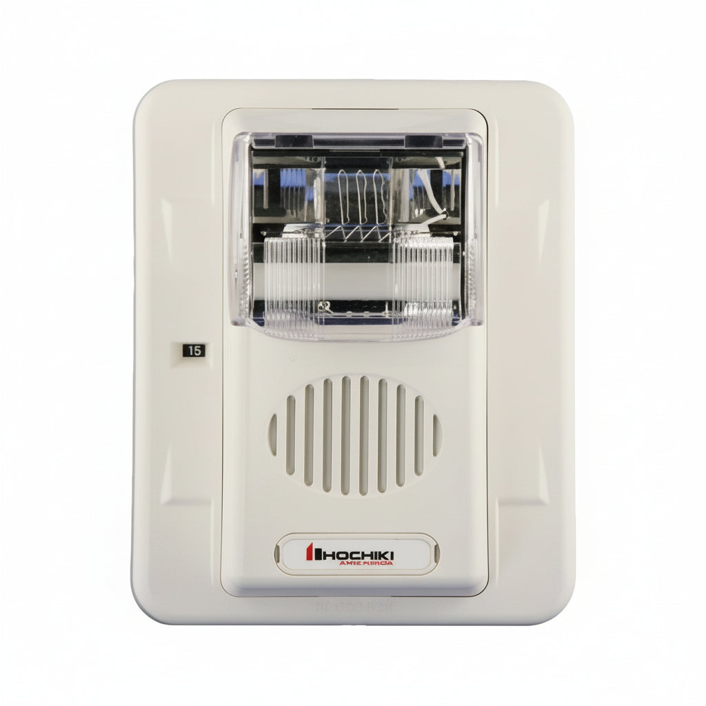 Hochiki HEC3-24PWW horn strobe with multi-candela options, 24VDC, plain design, mounted on wall, no lettering visible