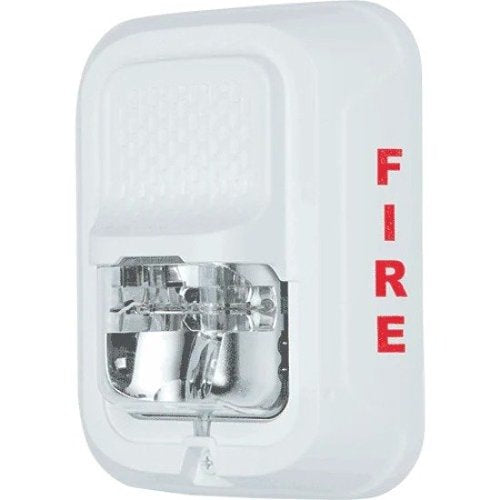 System Sensor SWL Strobe "FIRE" marking with clear lens and mounting base, used for emergency fire alarm signaling.