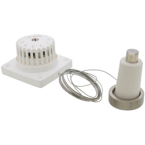 Honeywell Home T104B1038 high capacity thermostatic radiator actuator installed on a radiator valve for temperature control.