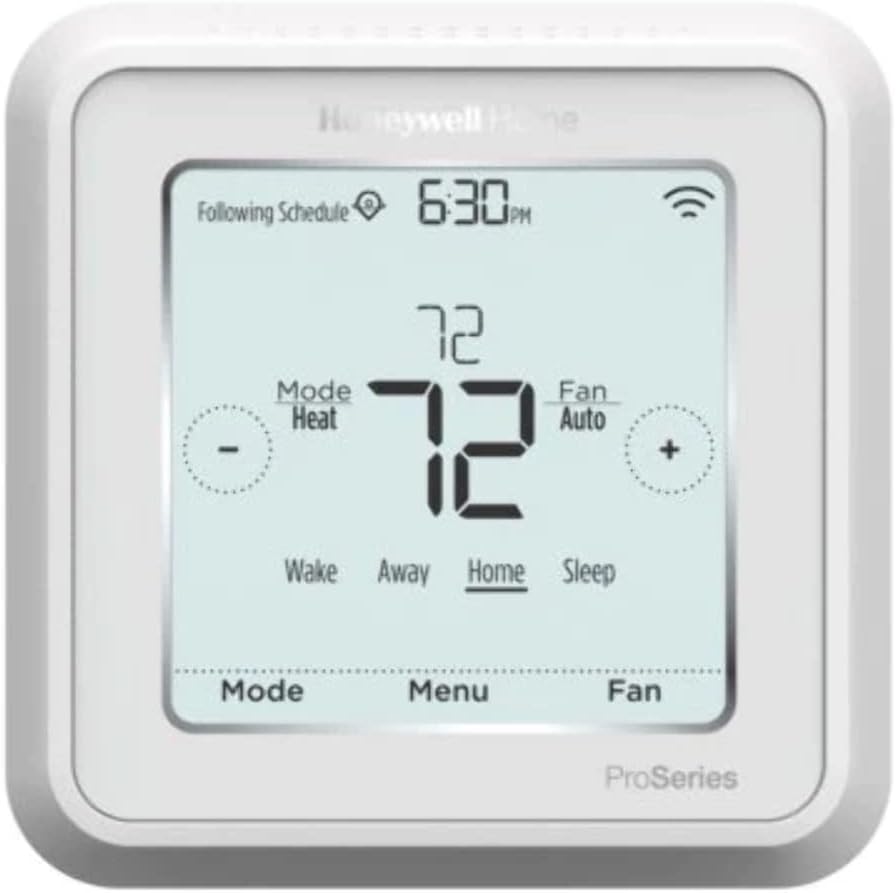Honeywell Home T6 Pro Smart Thermostat mounted on wall with digital display and control buttons.