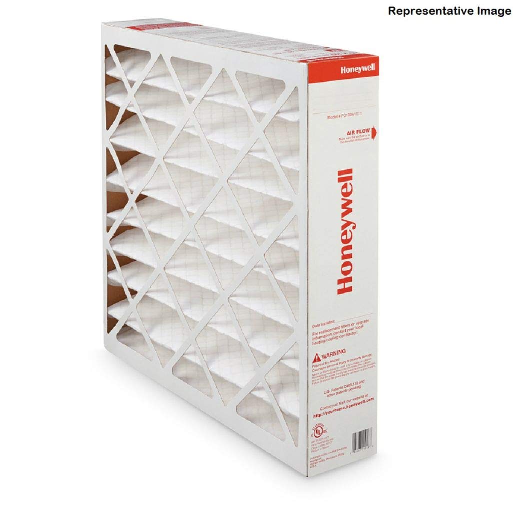 Honeywell Home fire alarm with 20x25 inch MERV 11 replacement media filter FC100A1037/U installed.