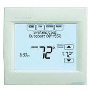 Honeywell Home VisionPRO 8000 single-stage thermostat with digital display and control buttons for home climate management