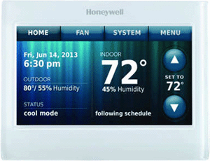 Honeywell Home Wi-Fi 9000 Color Touchscreen Thermostat displaying digital interface and colorful controls on a wall.