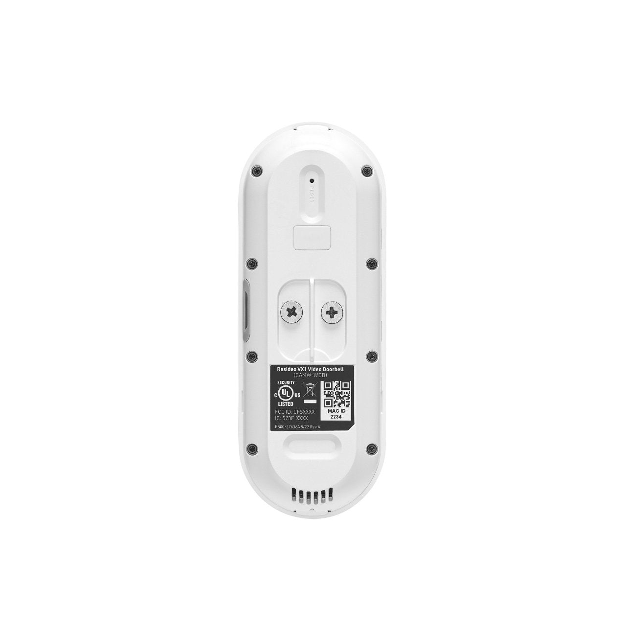 First Alert PRO CAMW-WDB VX1 HD video doorbell with fire alarm features, mounted on a front door with a camera and alert buttons.