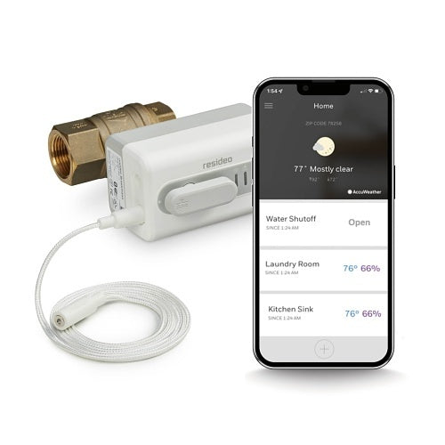 Resideo Wi-Fi actuator with 1/2 inch NPT ball valve for fire alarm systems, shown connected to plumbing components.