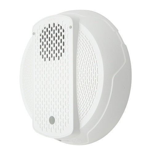 White ceiling mount fire alarm sounder by System Sensor, low frequency, designed for fire alarm systems.