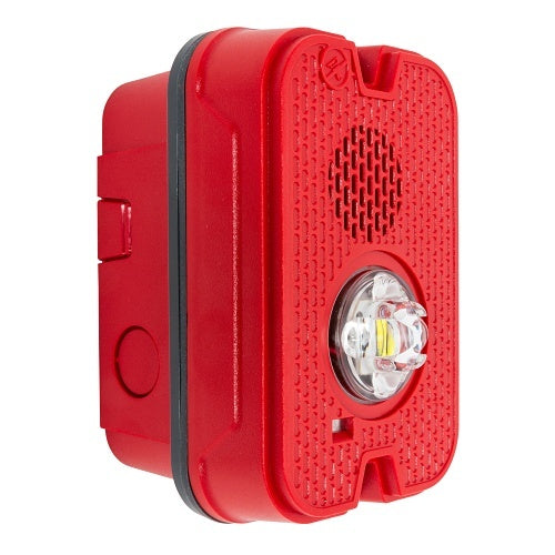 Red System Sensor P2GRKLED-P compact wall-mounted horn strobe fire alarm with plain design, suitable for building safety.