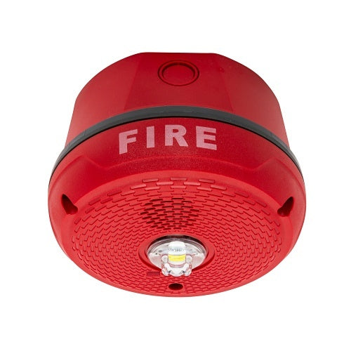 System Sensor PC2RKLED L-Series outdoor ceiling-mounted horn strobe with red housing and LED light for alert signaling.
