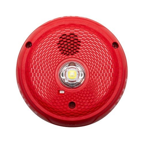 System Sensor PC2RKLED L-Series outdoor ceiling-mounted horn strobe with red lens and LED illumination for alert signaling.