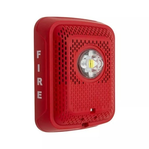 Indoor wall-mounted LED strobe speaker by System Sensor, L-Series, with black enclosure and integrated LED strobe light.