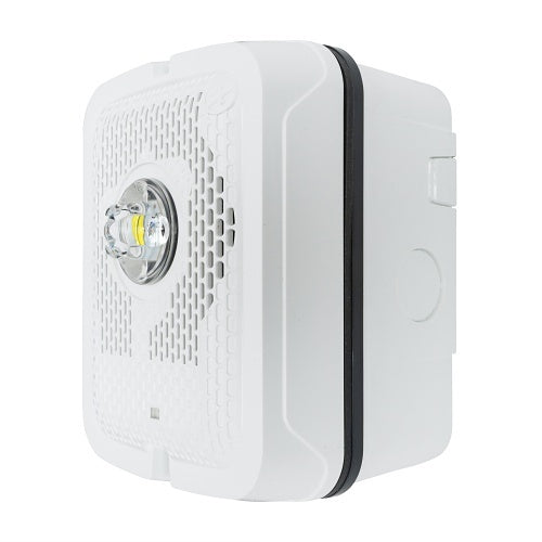 Outdoor LED speaker strobe wall fire alarm by System Sensor with black housing and clear strobe lens for emergency alerts.