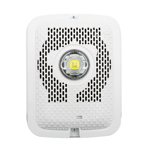 System Sensor SPSWKLED speaker strobe with black casing, featuring bright LED alert lights and speaker grill for emergency signaling.