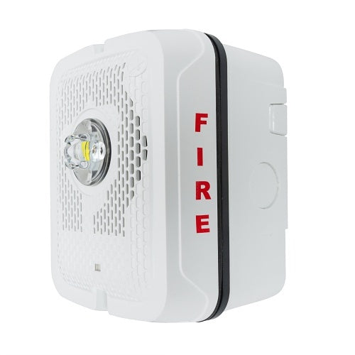 System Sensor SPSWKLED speaker strobe with black housing, featuring LED lighting and mounting hardware for fire alarm signaling.