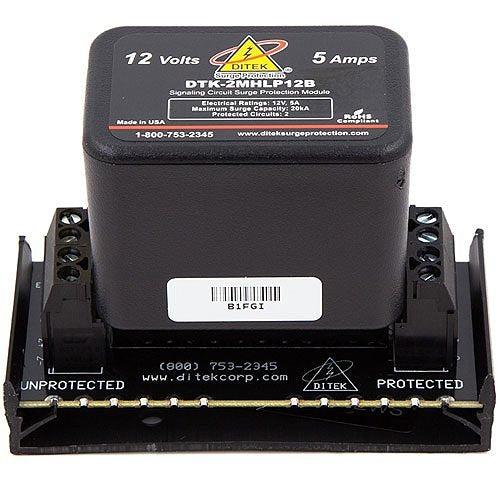 Ditek DTK-2MHLP12BWB data and signaling circuit surge protector for fire alarm systems, with protective modules and wiring connections.