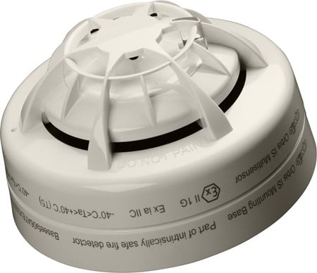 Apollo Orbis I.S. multi-sensor smoke detector with optical and heat sensing technology, mounted on a ceiling.
