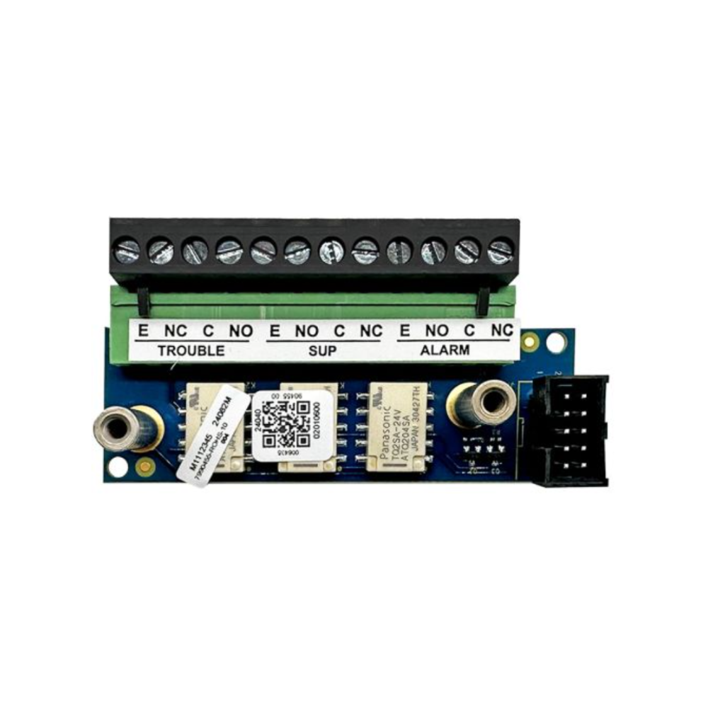 Edwards 4-COMREL common relay module for fire alarms, showing a compact black relay device with connection terminals.