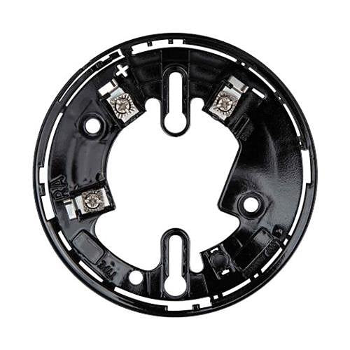 Fire-Lite B501-BL 4-inch flangeless mounting base for fire alarms, shown in close-up, with a sleek black finish.