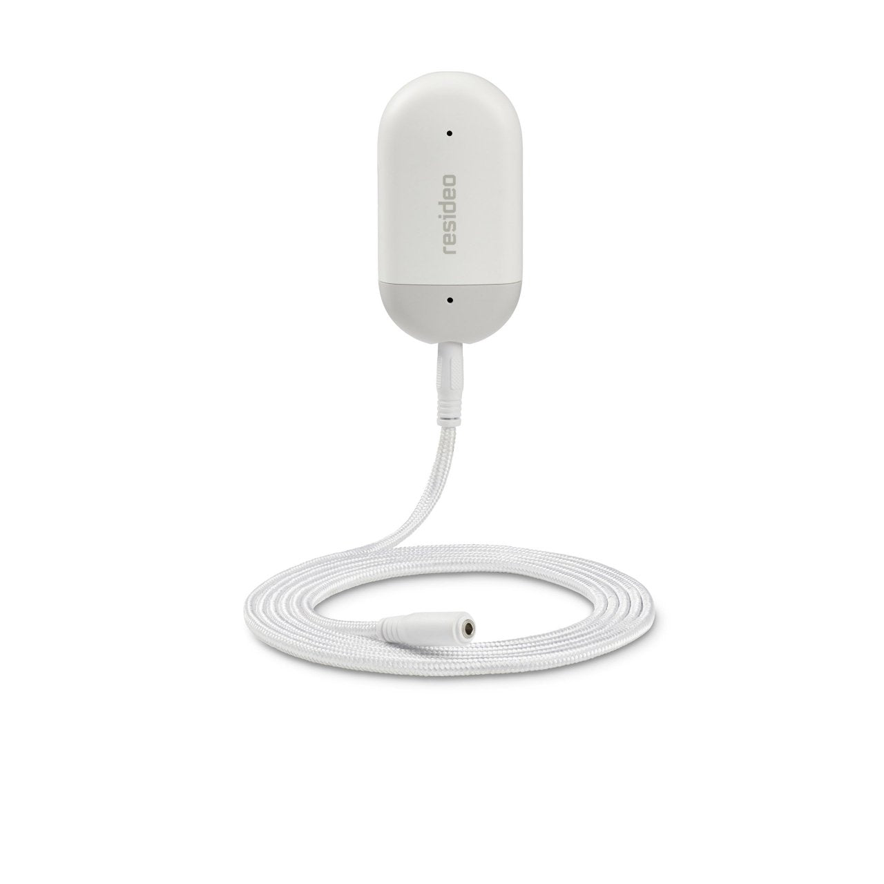 Resideo L1 WiFi Water Leak Detector detects leaks and alerts, featuring a compact design with indicator lights and sensor ports.