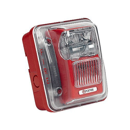 Potter HS-24WR-WP wall horn strobe fire alarm in red, weatherproof outdoor warning device with flashing light and loud horn.