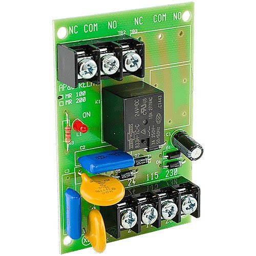 Potter MR-101C/R multi-voltage control relay for fire alarms, 10A SPDT switch, used in fire safety systems, shown with wiring.