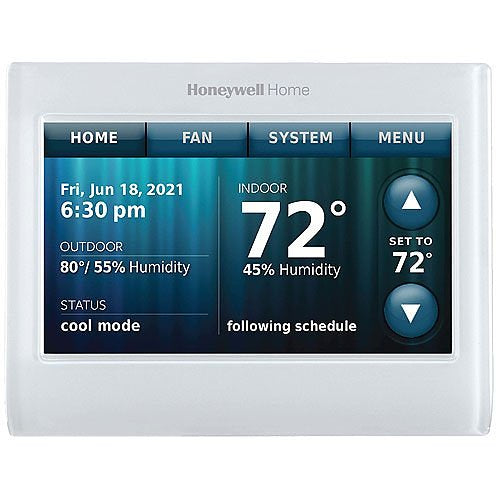 Honeywell Home Wi-Fi 9000 Color Touchscreen Thermostat displaying digital interface and colorful controls on a wall.