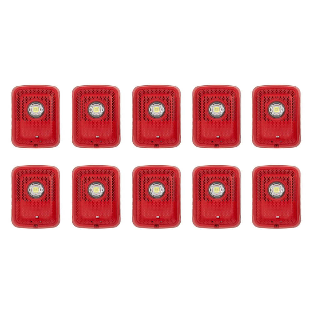 Wall-mounted LED strobe light and speaker from System Sensor SPSRLED-BP10 bulk pack, designed for indoor alert and communication.