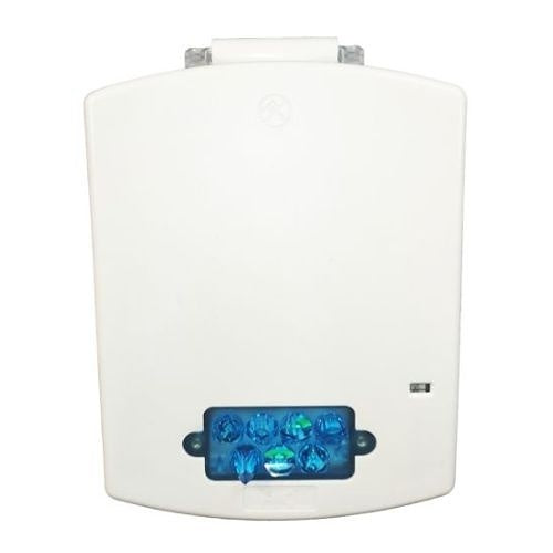 Eaton Wheelock EL4XSTB-NW 4X fire alarm strobe with blue lens and backbox, no lettering, mounted on wall.