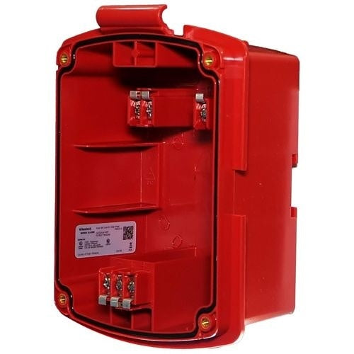 Eaton Wheelock EL4XBB-R NEMA 4X surface backbox for fire alarm systems, red metal enclosure with mounting holes.