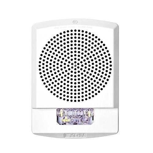 Eaton Wheelock Eluxa Chime Strobe fire alarm with FIRE lettering, wall mount, 24V, white color.