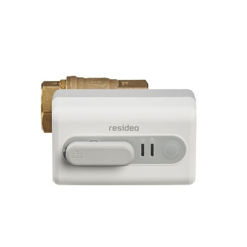 Resideo Wi-Fi actuator with 1/2 inch NPT ball valve used in fire alarm systems, shown with valve and wiring connections.
