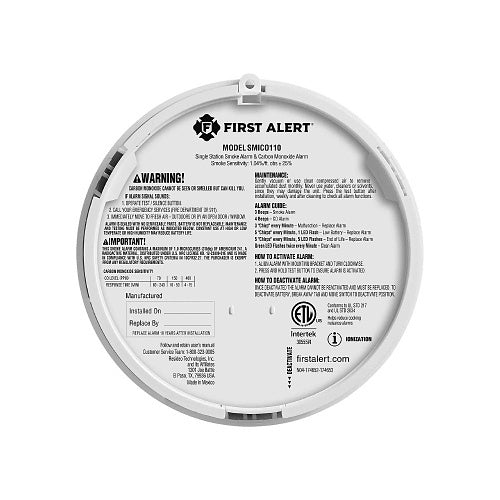 BRK SMICO110 smoke and carbon monoxide alarm mounted on ceiling, fire alarm device for safety and protection.