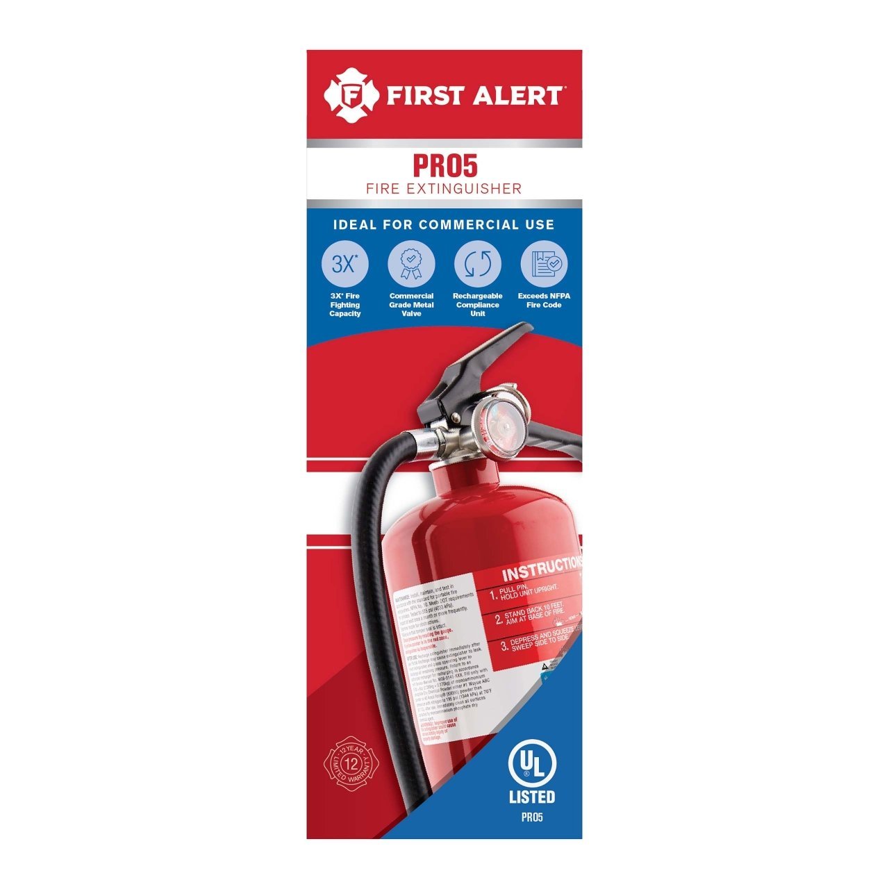 BRK PRO5 Rechargeable Heavy Duty Fire Extinguisher UL Rated 3 - A:40 - B:C (Red) - The Fire Alarm Supplier