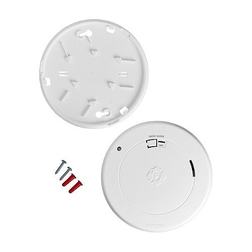 BRK SM210L 10-year battery smoke alarm with safety path light, mounted on ceiling, indicating its alarm and lighting features.