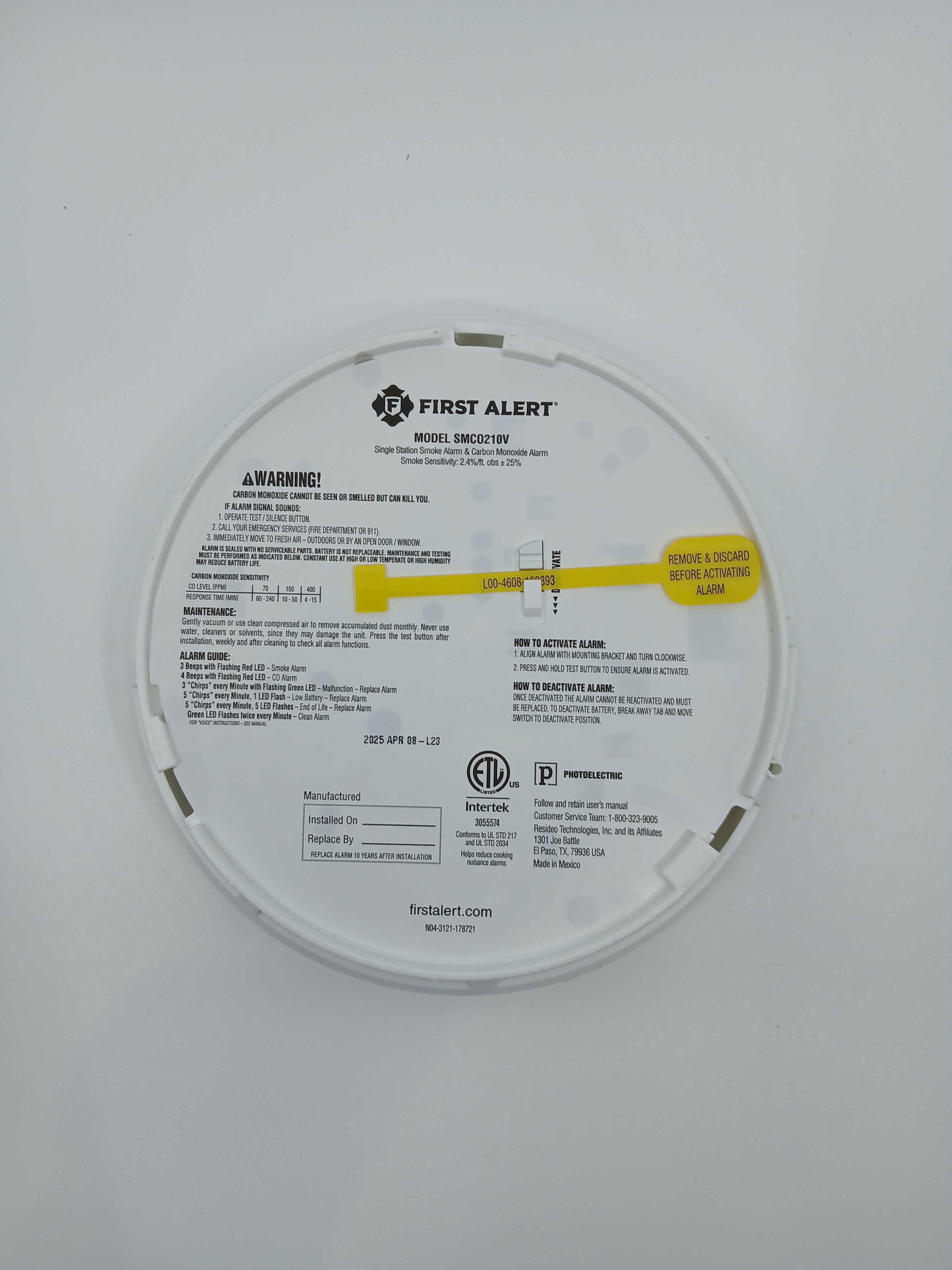 BRK 10-year sealed battery smoke alarm combo, single unit with alarm and test button, designed for home safety.