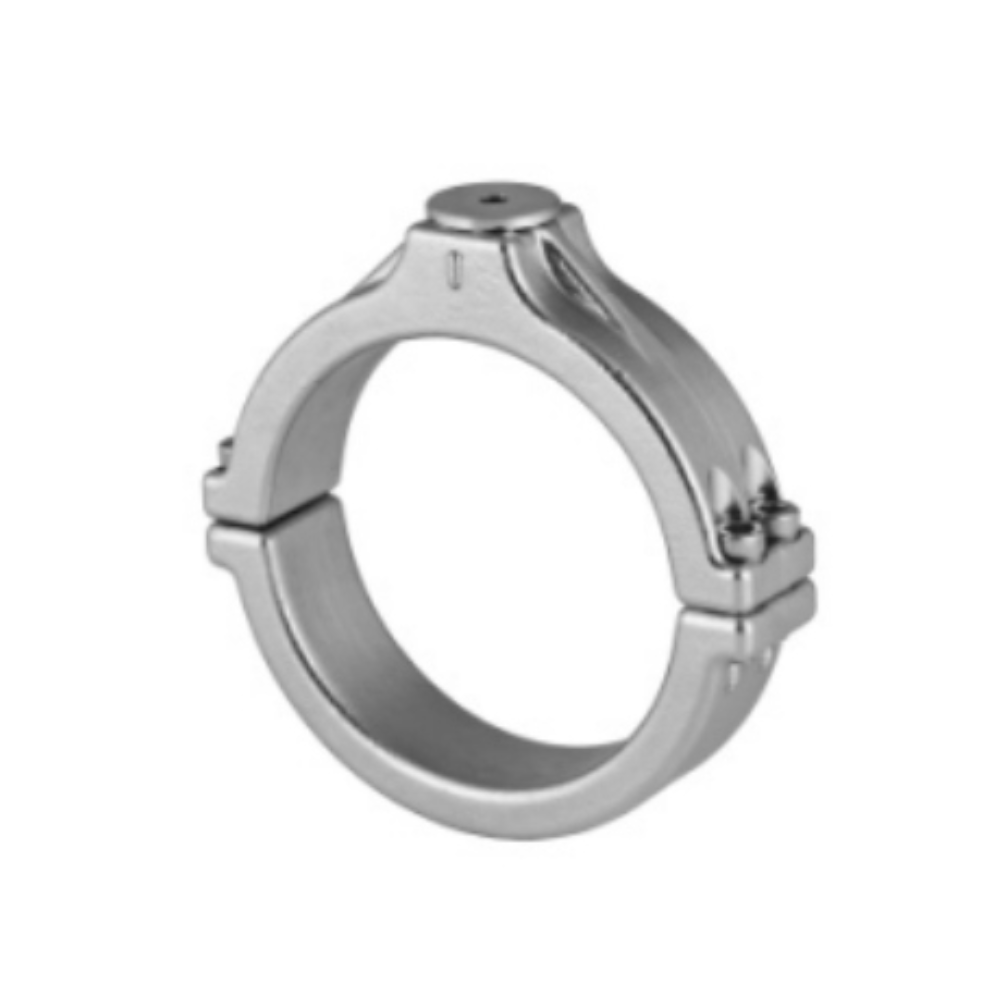 Det-Tronics Q9033 Collar Attachment for fire alarm systems, made of stainless steel, shown attached to a fire alarm device.