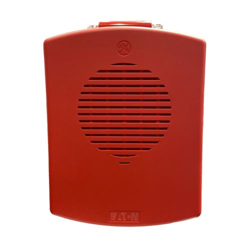 Eaton Wheelock EL3RMT-NR third multitone fire alarm with third plate in red, mounted on wall.