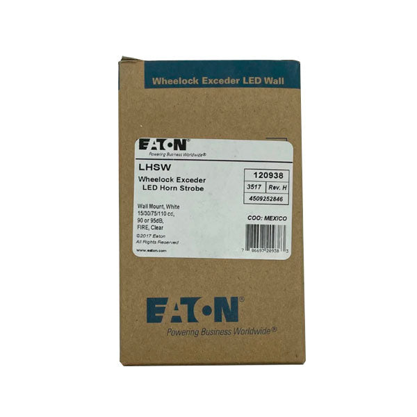 Eaton Wheelock LHSW White Wall Mount Exceder LED Horn Strobe showing the horn strobe unit mounted on a wall for emergency alerting.