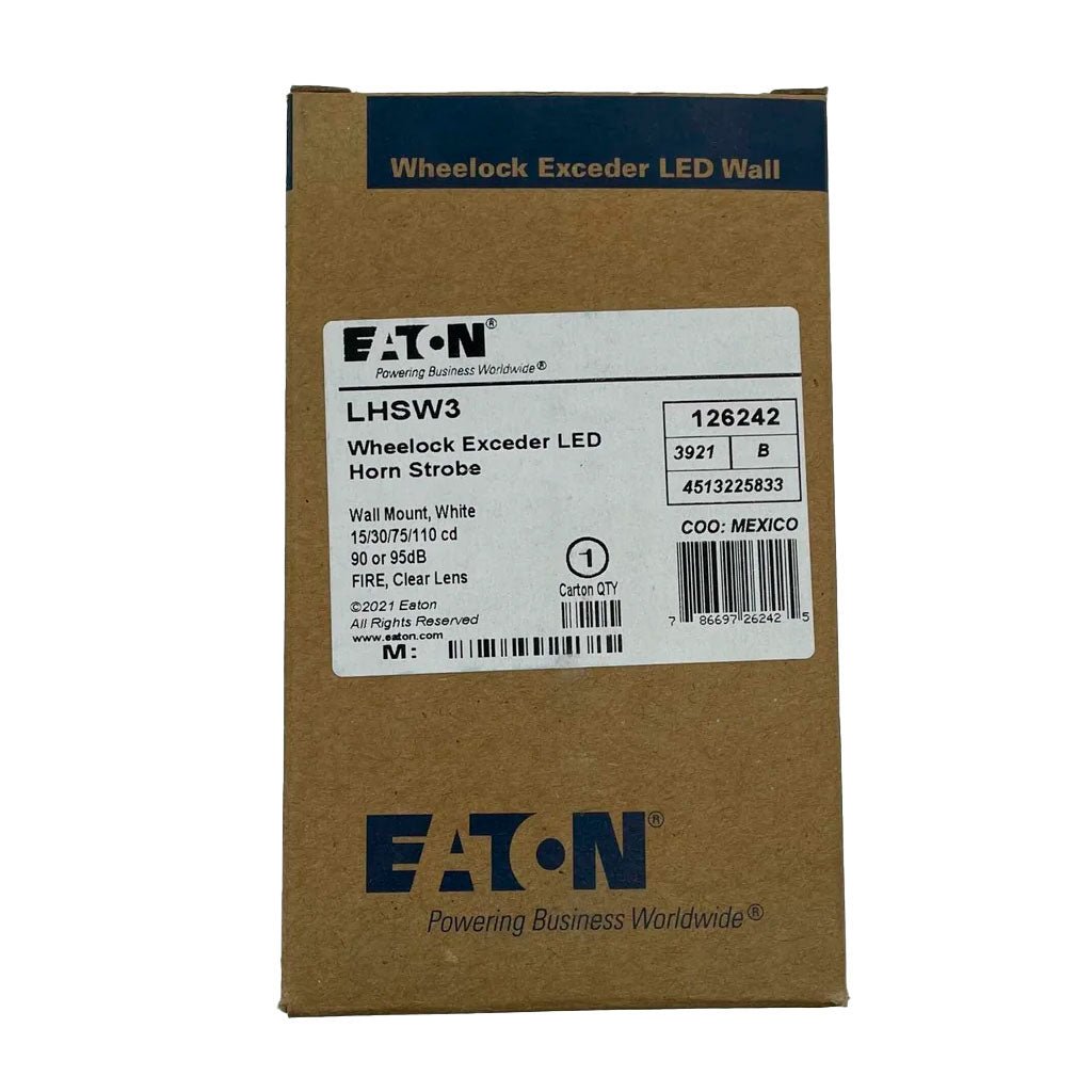 Eaton Wheelock LHSW3 Exceder LED3 horn strobe with bright warning light and mounting hardware, designed for fire alarm systems.