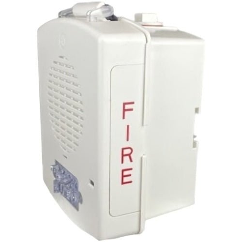 White Eaton Wheelock Eluxa NEMA 4X speaker strobe light with speaker grille and mounting hardware for emergency alert systems.