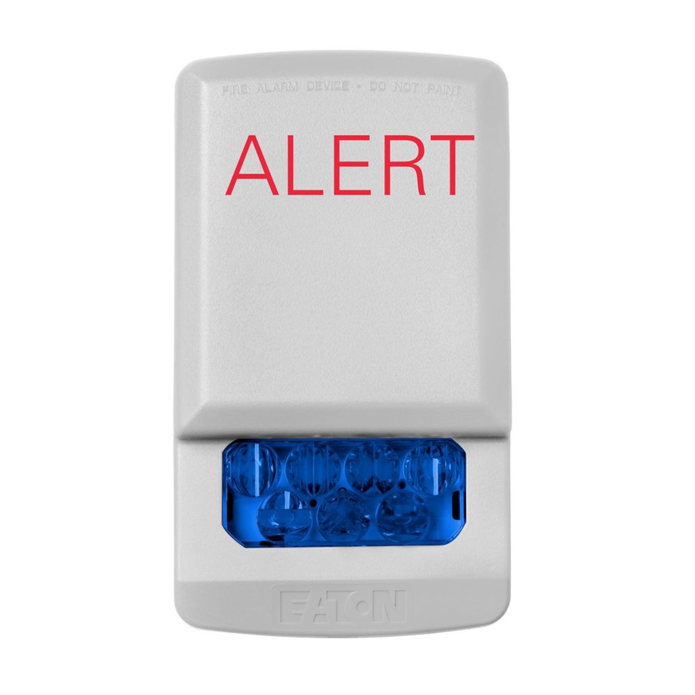 Eaton Wheelock Eluxa Strobe LED in black, mounted on wall, showing bright flashing light for emergency signaling.