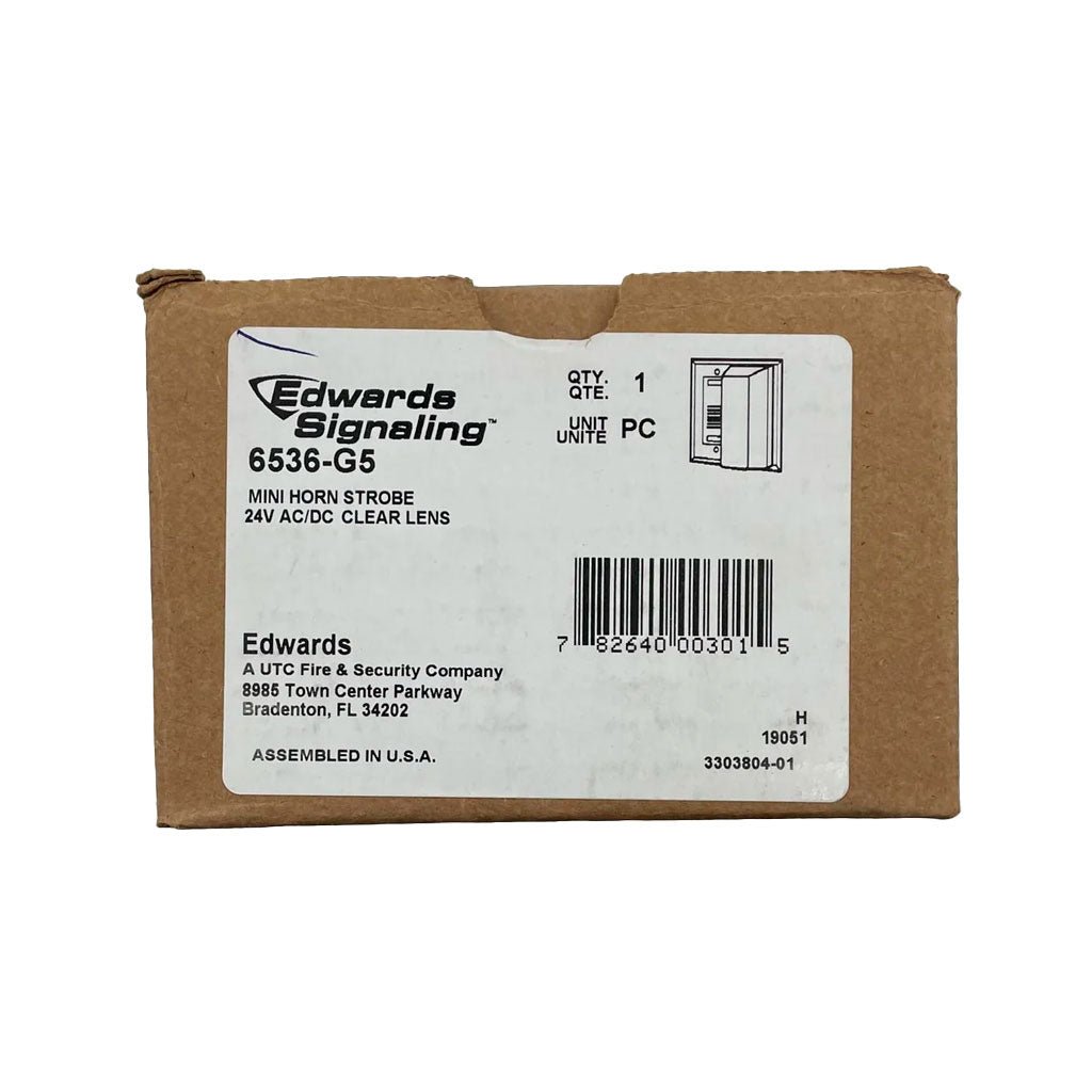 Edwards 6536-G5 Mini Horn Strobe with white housing and clear lens, used for fire alarm notification and safety signaling.