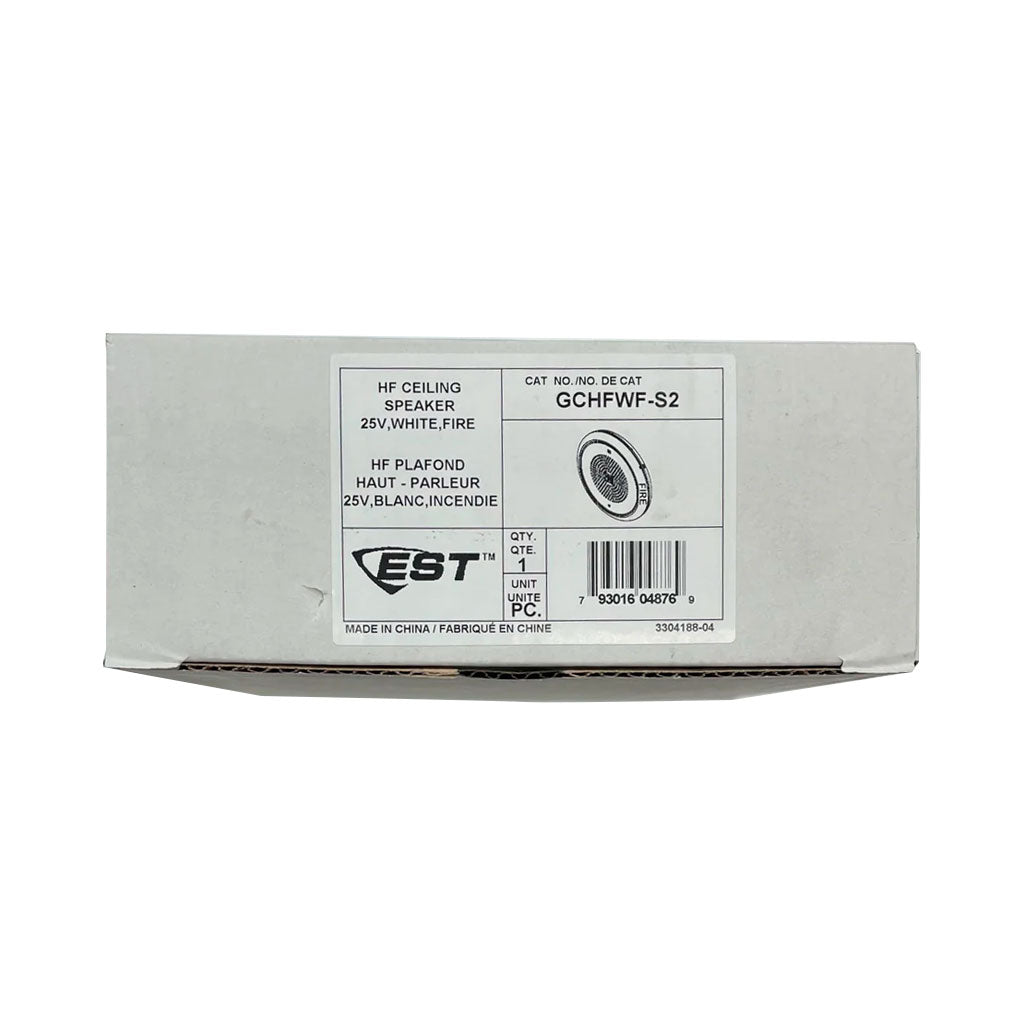 Edwards GCHFWF-S2 ceiling speaker mounted in ceiling, modern audio speaker for home or commercial sound systems.