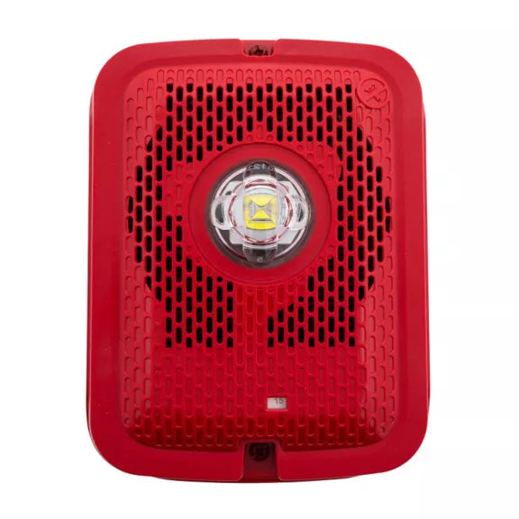 Outdoor LED speaker strobe light from System Sensor SPSRKLED-P, featuring a bright LED strobe and weatherproof speaker enclosure.