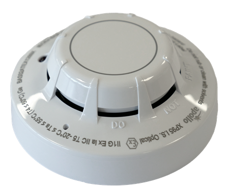 Apollo 55000-640APO XP95 I.S. optical smoke detector for fire alarms, shown in a close-up view of its sensor and detector housing.