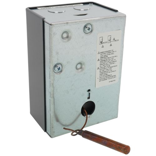 Resideo L8148E1265/U high limit vertical mount aquastat relay for fire alarm systems, shown with electrical components.