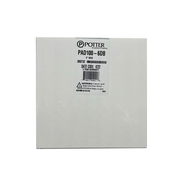 Potter PAD100-6DB 6-inch addressable detector base for fire alarm systems, shown with mounting hardware and connection points.