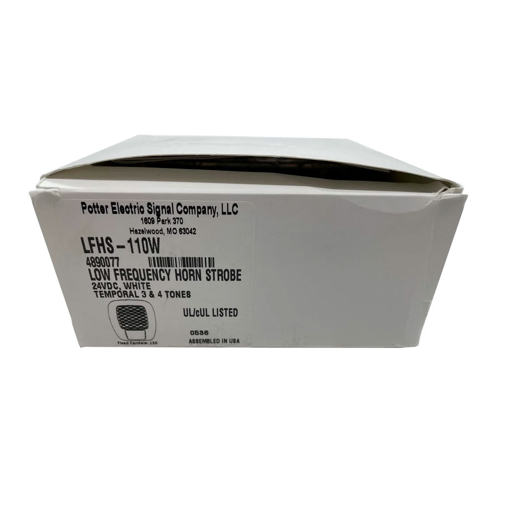 Potter LFHS-110W low frequency horn strobe with bright warning light, mounted on a wall for fire safety and alarm signaling.