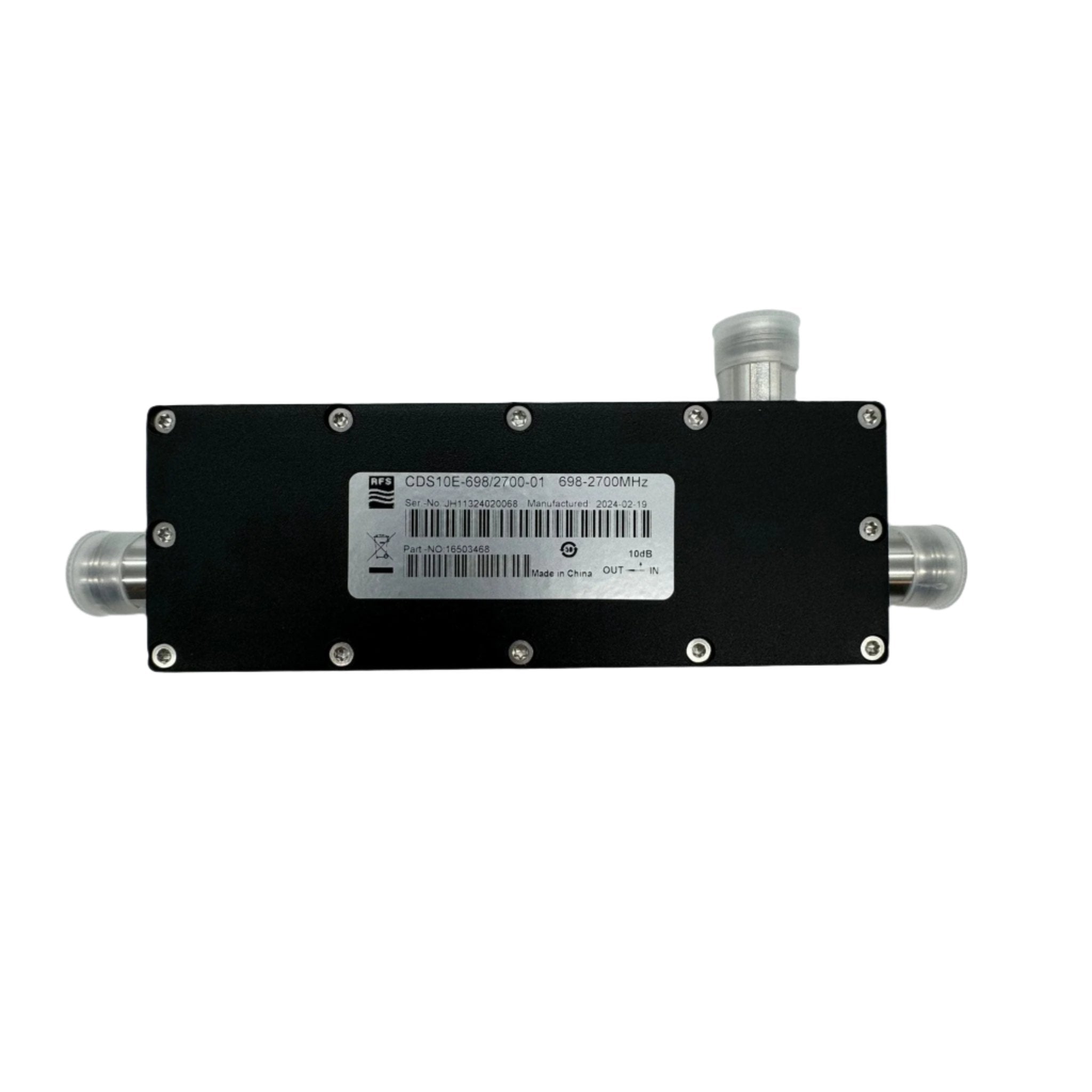 RFS Technologies CDS10E-698/2700-01 10dB directional coupler for fire alarm systems, shown with labels and connectors.
