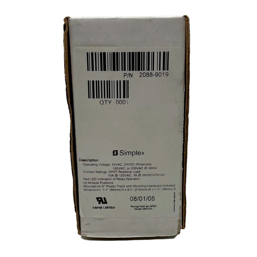 Simplex 2088-9019 relays, set of four DPDT relays with LED indicators, used for electrical switching and control.