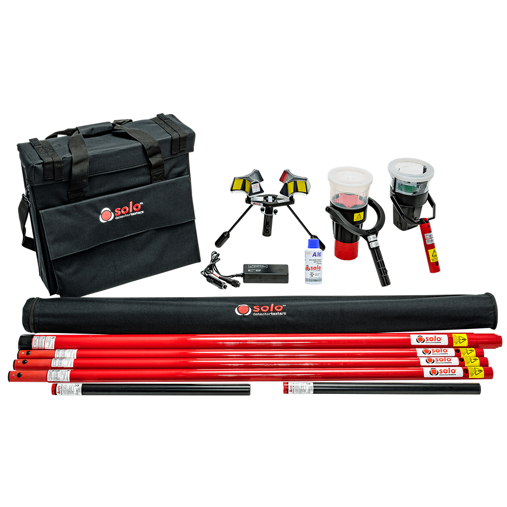 Solo 823 Smoke and Heat Test and Removal Kit for fire alarms, measuring 9 meters, with tools for testing and cleaning.